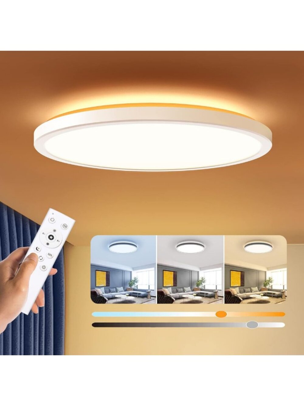 Dimmable 12" LED Flush Mount Ceiling Light with Remote, Adjustable Color
